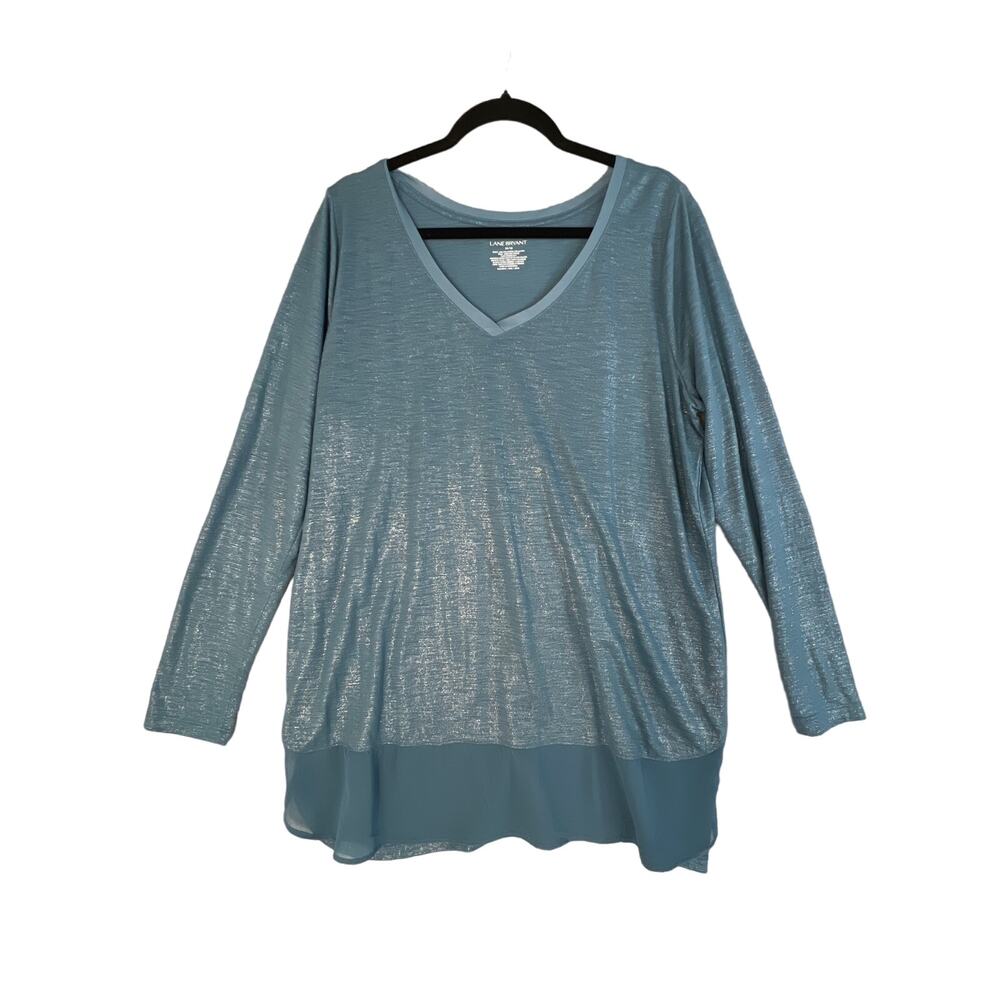 LANE BRYANT Long Sleeve SHIRT WOMENS 14/16 Blue Teal Shimmer silver V Neck